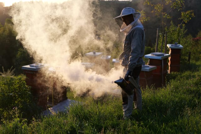 Matthias mit der Rauchwolke des Smokers in der Abendsonne